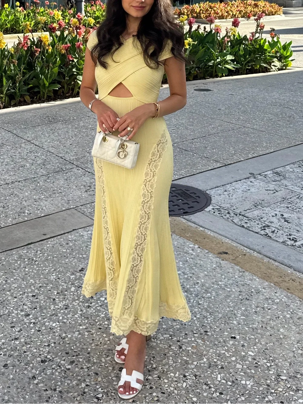 Self Portrait YELLOW KNIT LACE INSERT MIDI DRESS - Picture 6 of 8